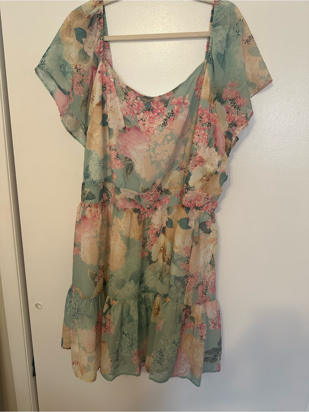 City Chic Floral Mint Green and Pink Ruffled Mini Dress
